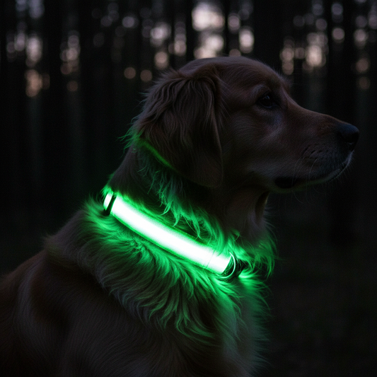 Perro de lado con collar LED visible